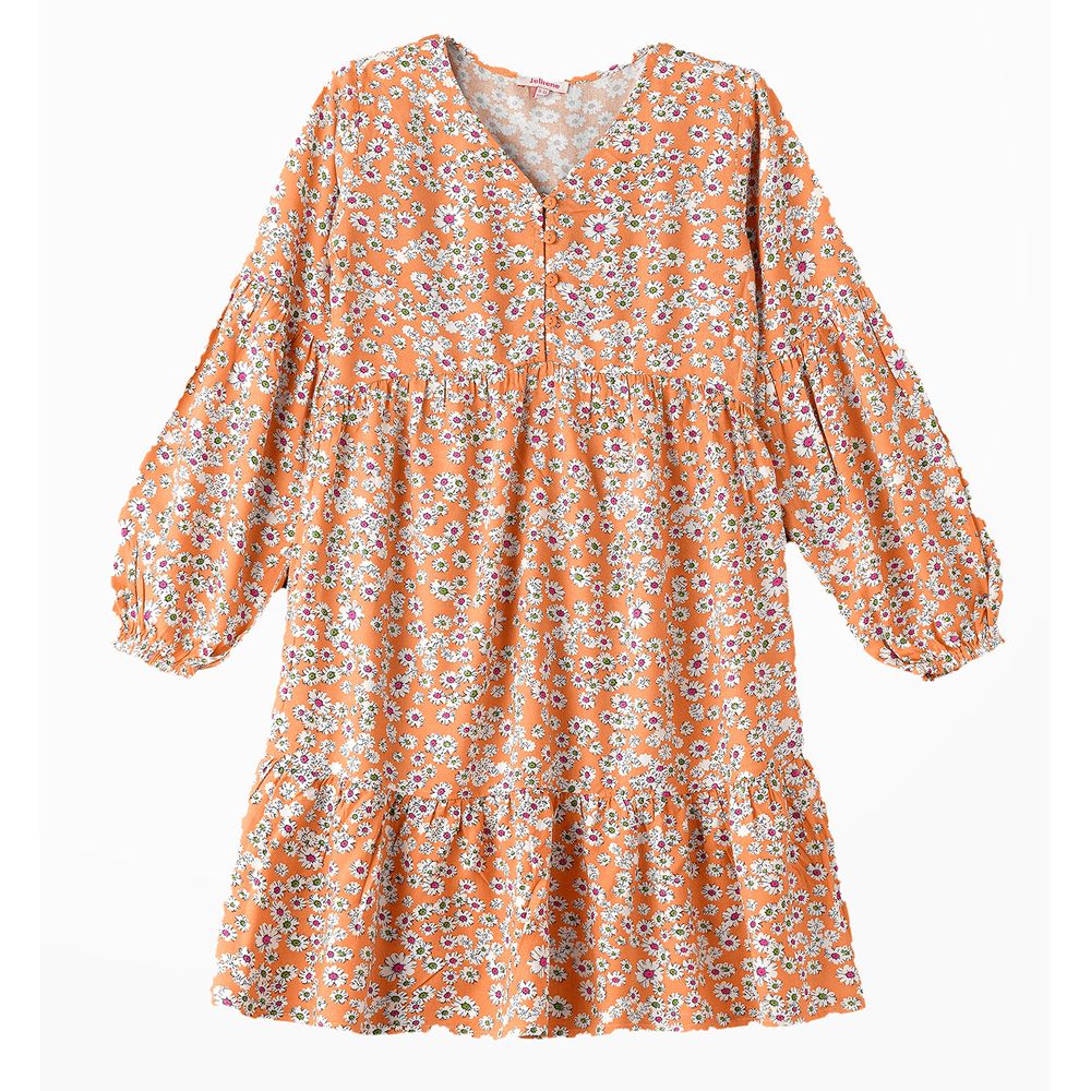 Jelliene - Girls' Floral Puff Sleeves Dress - Orange