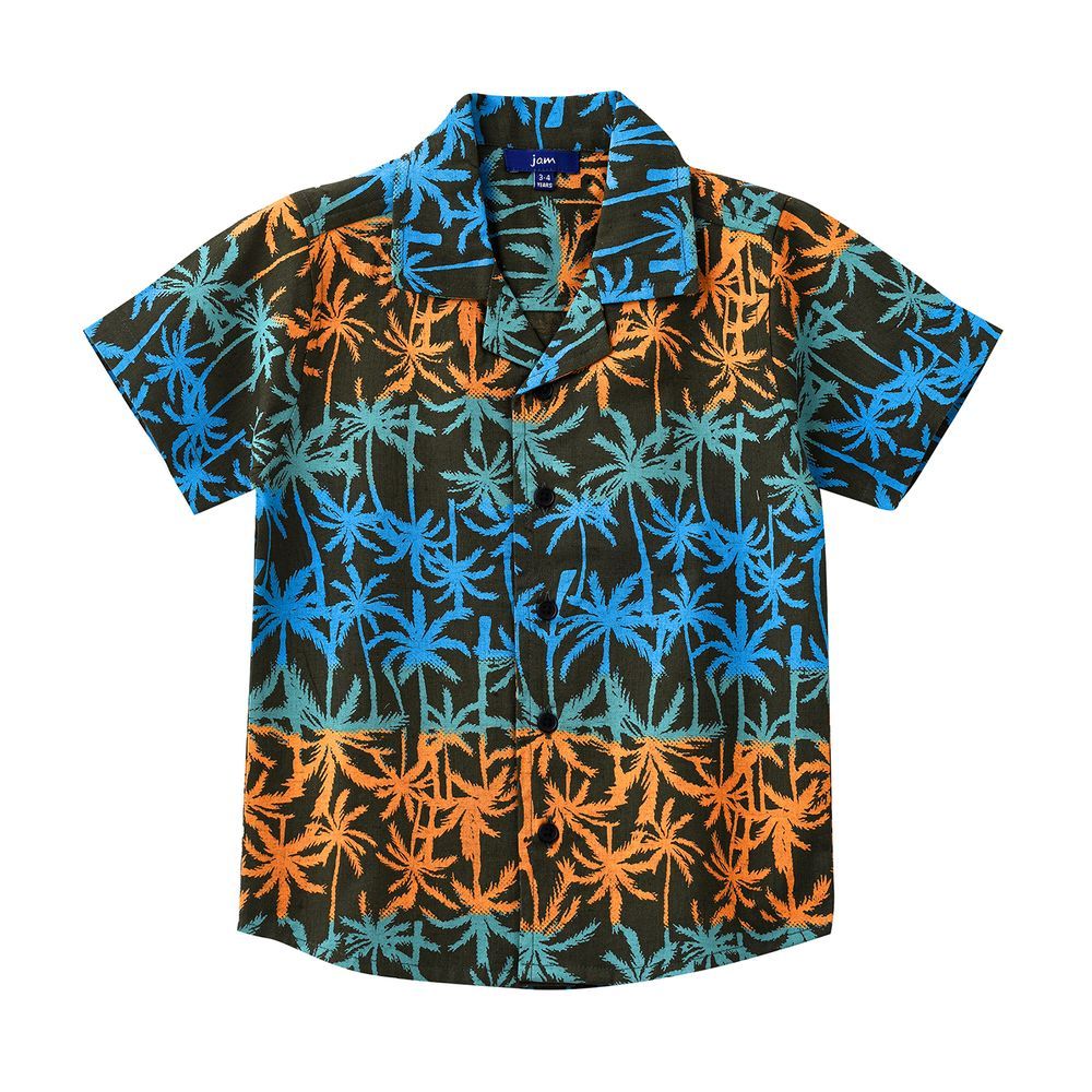 Jam - Boys' Tropical Print Linen Shirt With Camp Collar