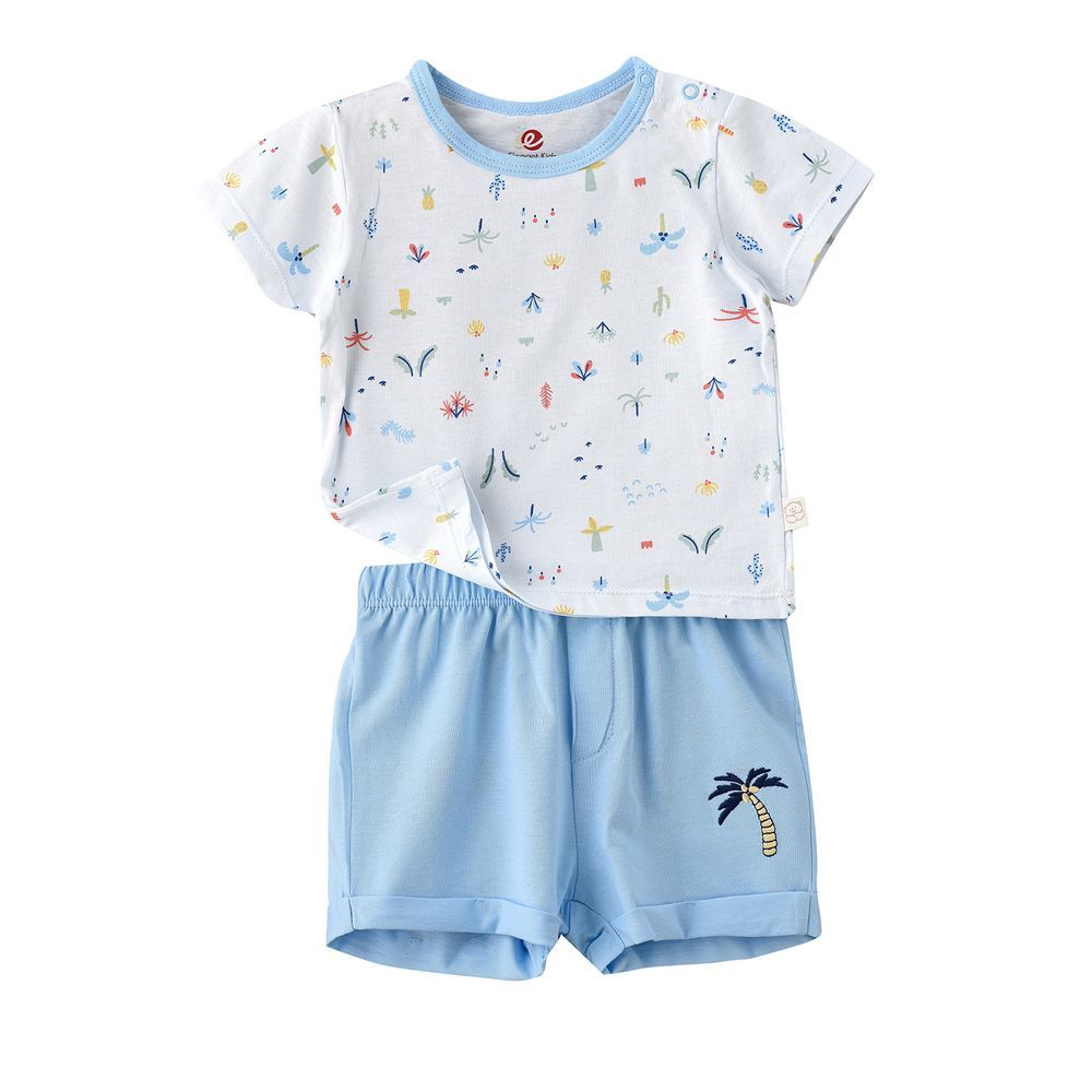 Elegant Kids - Boys' Printed Cotton T-Shirt And Shorts Set - Light Blue