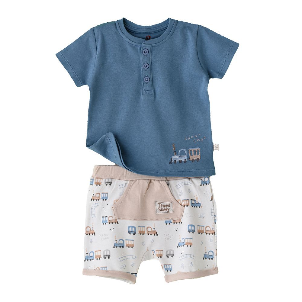 Elegant Kids - Boys' Choo Choo Train Embroidered Cotton T-Shirt & Shorts Set - Blue