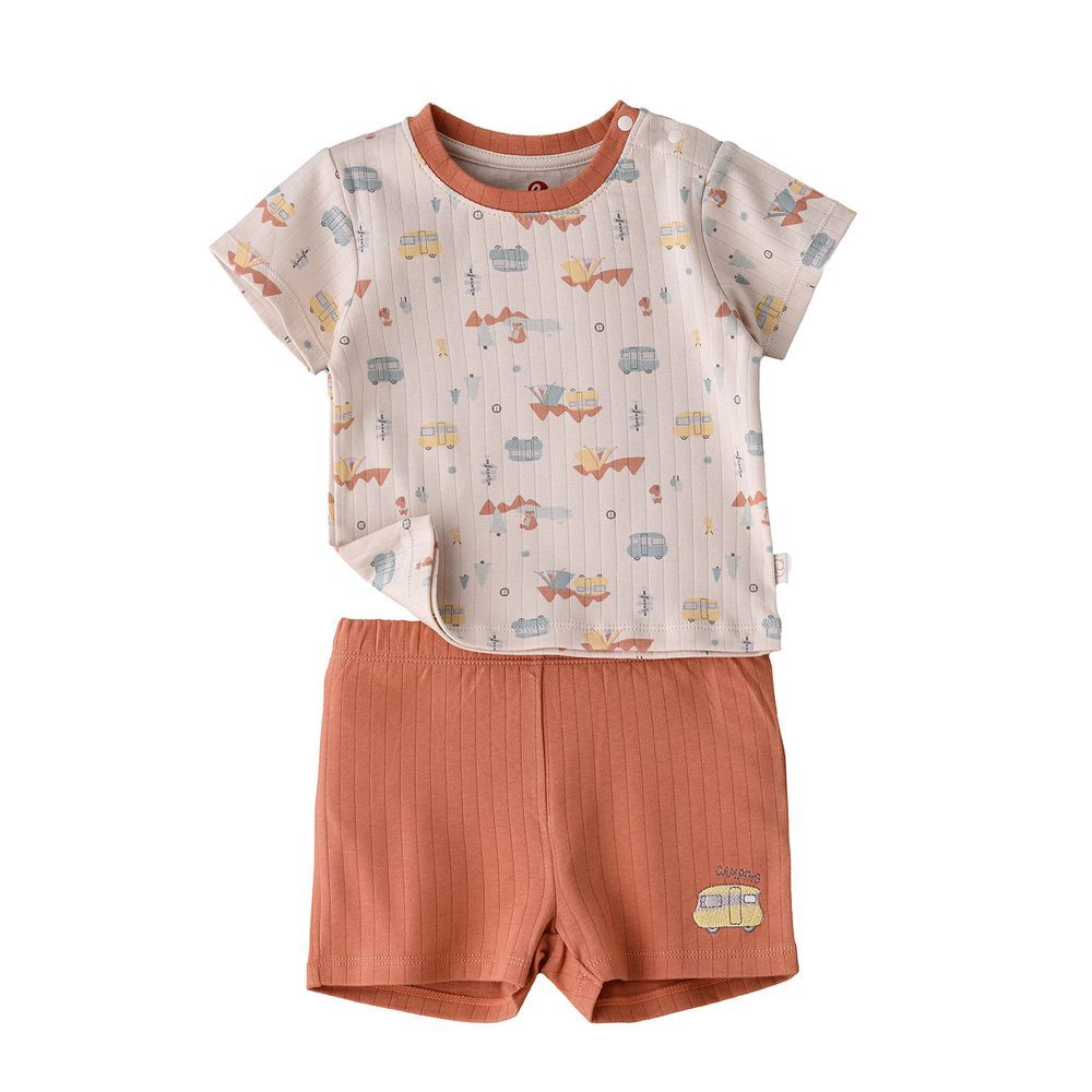 Elegant Kids - Boys' Camping Print T-Shirt & Rust Orange Ribbed Shorts Set - Orange