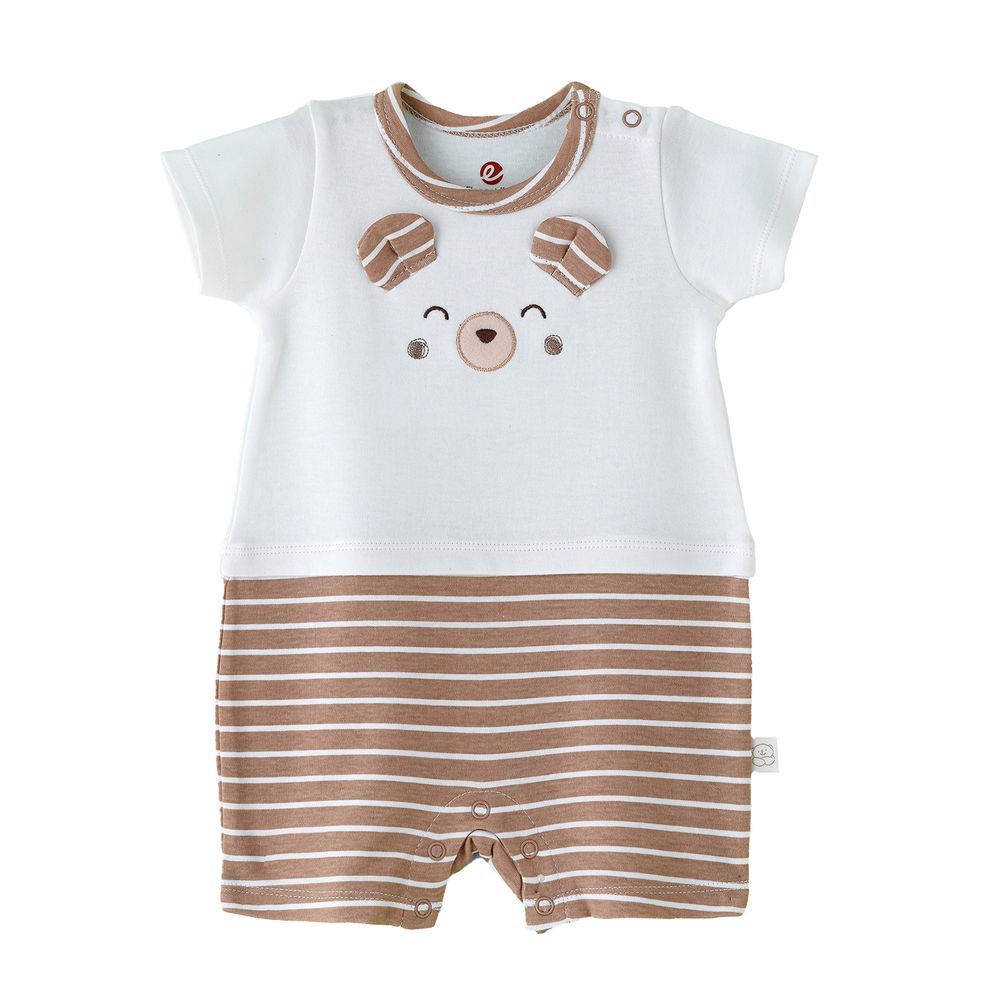Elegant Kids - Boys' Bear Face Striped Cotton Romper With 3D Ears - Brown