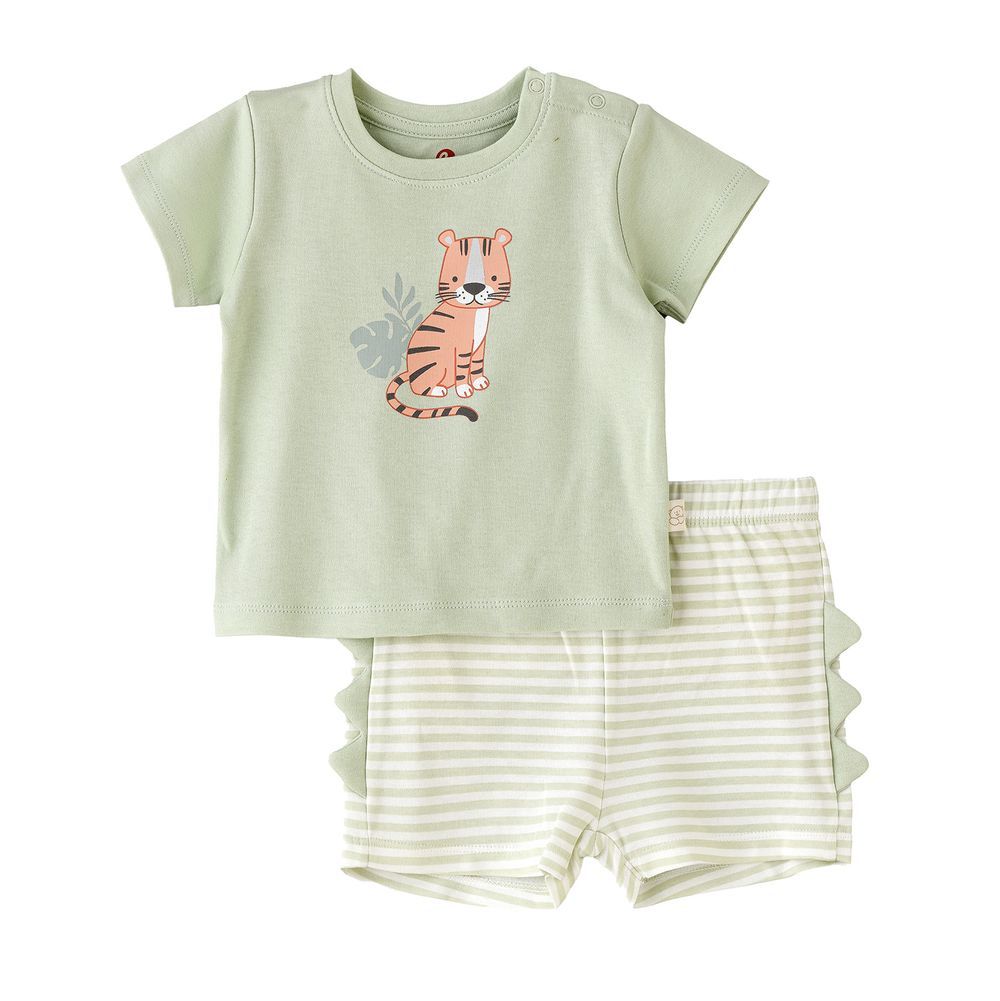 Elegant Kids - Boys' Tiger Print T-Shirt & Striped Dino-Back Shorts Set - Green