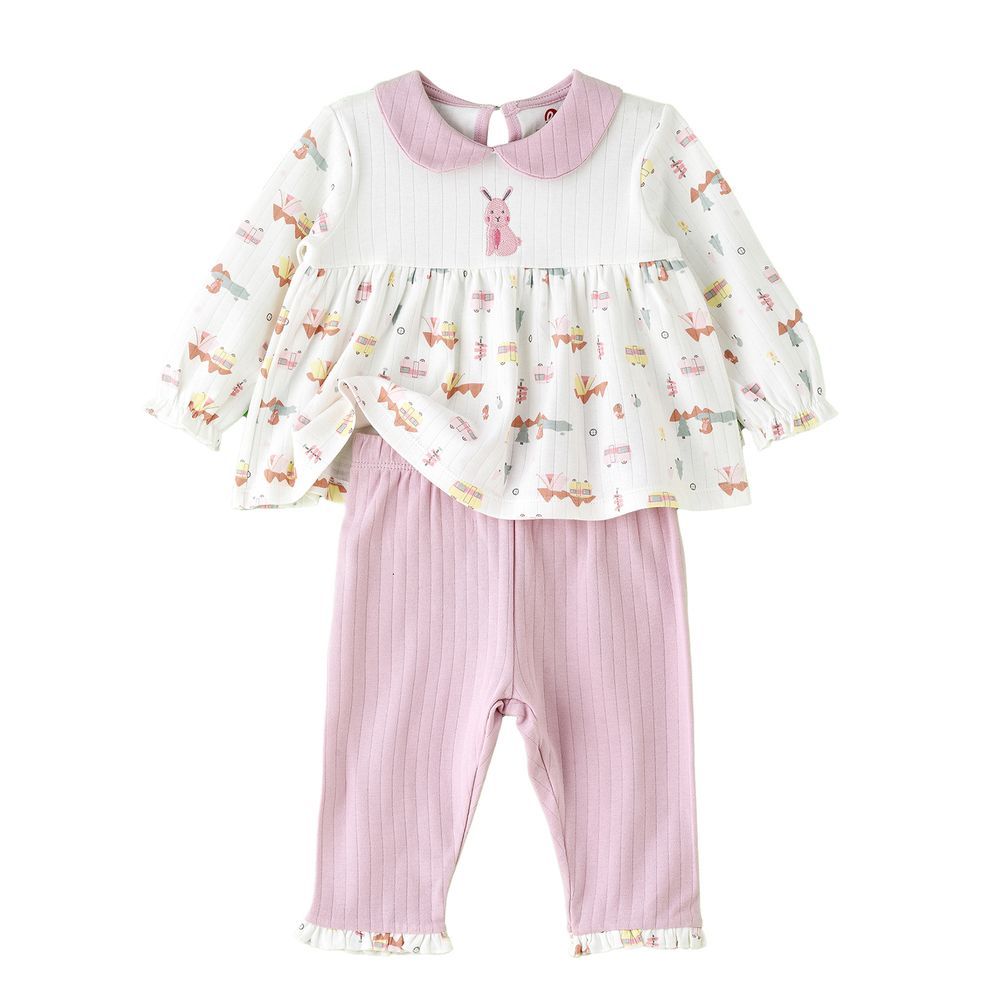 Elegant Kids - Girls Bunny Embroidered Peplum Top And Ribbed Leggings Set - Pink