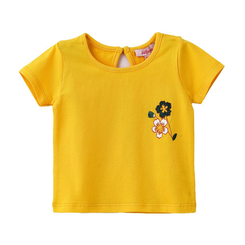 Jelliene - Girls Floral Embroidered Cotton T-shirt - Yellow