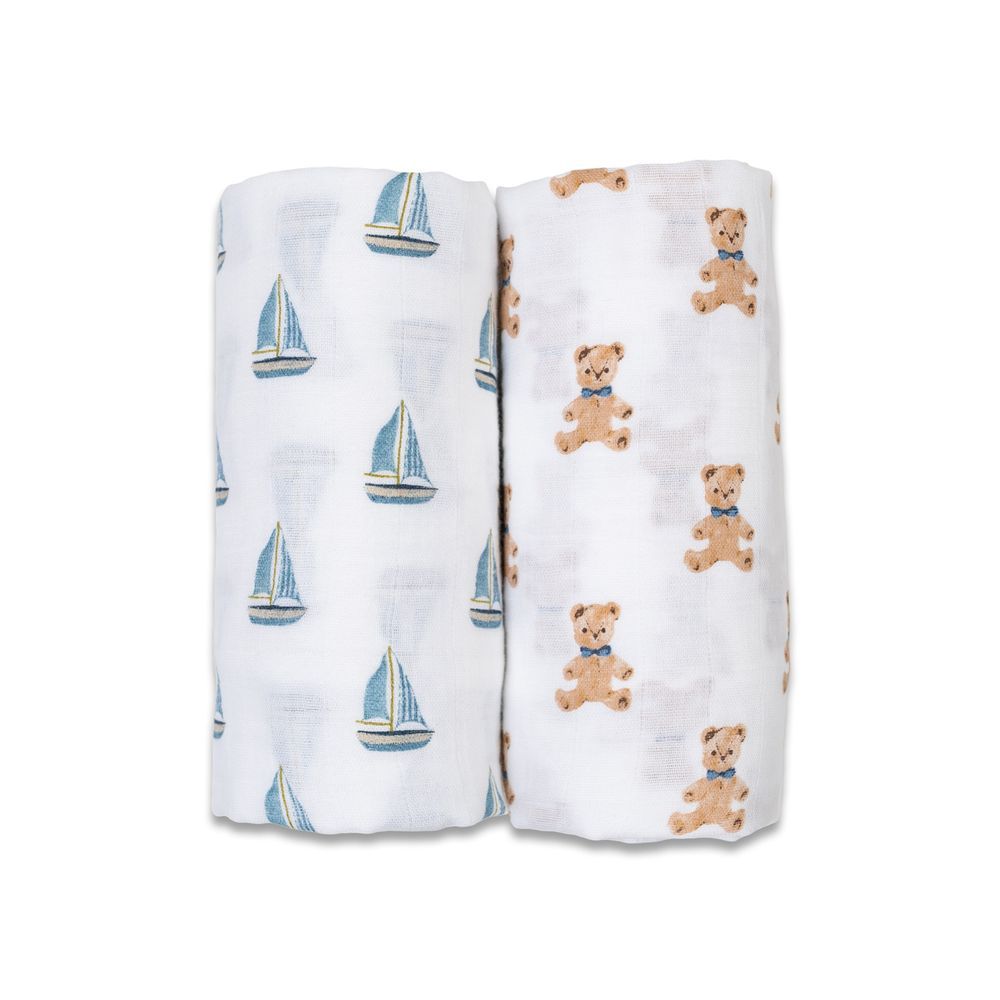 lulujo - Vintage Teddy & Sailboats Cotton Swaddles - 2 Pcs