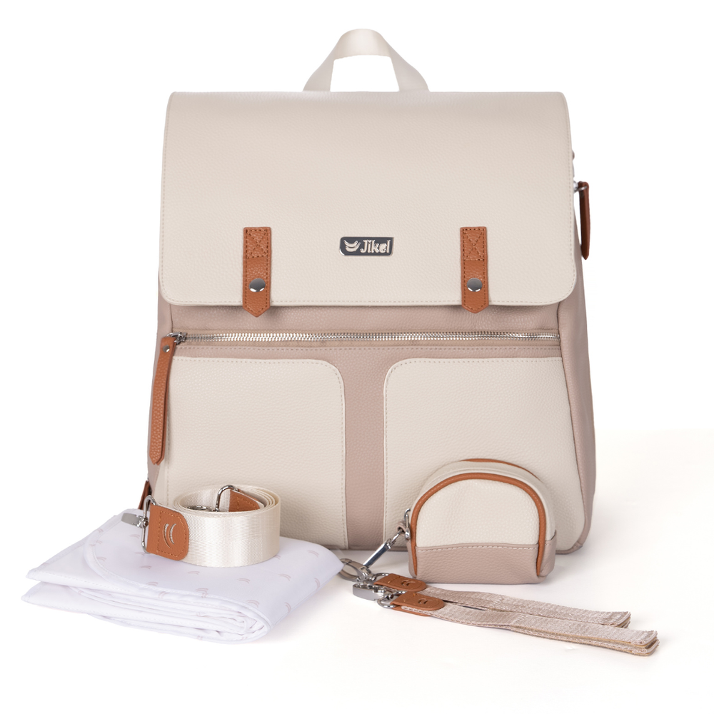 Jikel - Loomi Diaper Backpack With Changing Mat & Pacifier Case Set - Sandstone Beige - 5 Pcs