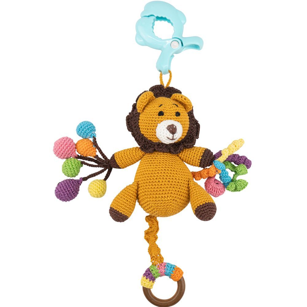 Moon - Handcrafted Crochet Rattle Toy With Teething Ring & Clip Hanger - Tiger