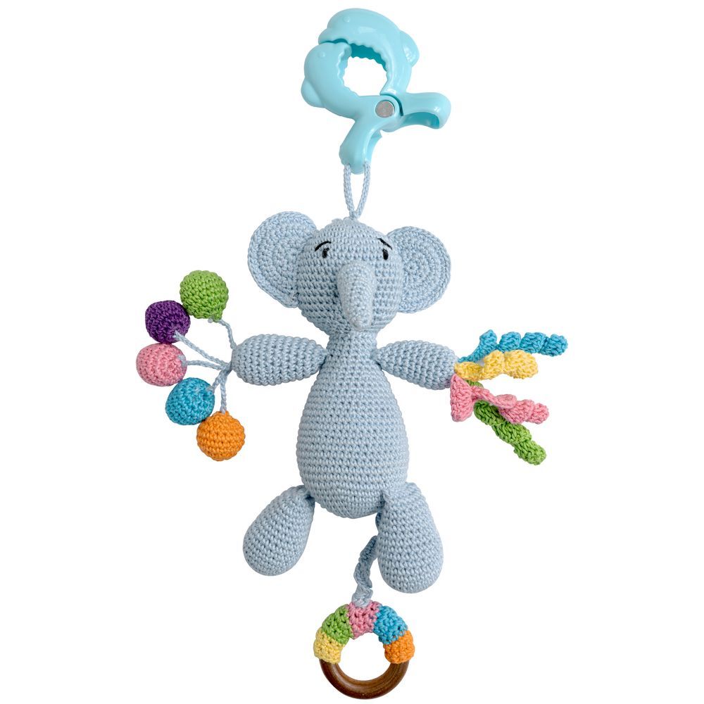 Moon - Handcrafted Crochet Rattle Toy With Teething Ring & Clip Hanger - Elephant