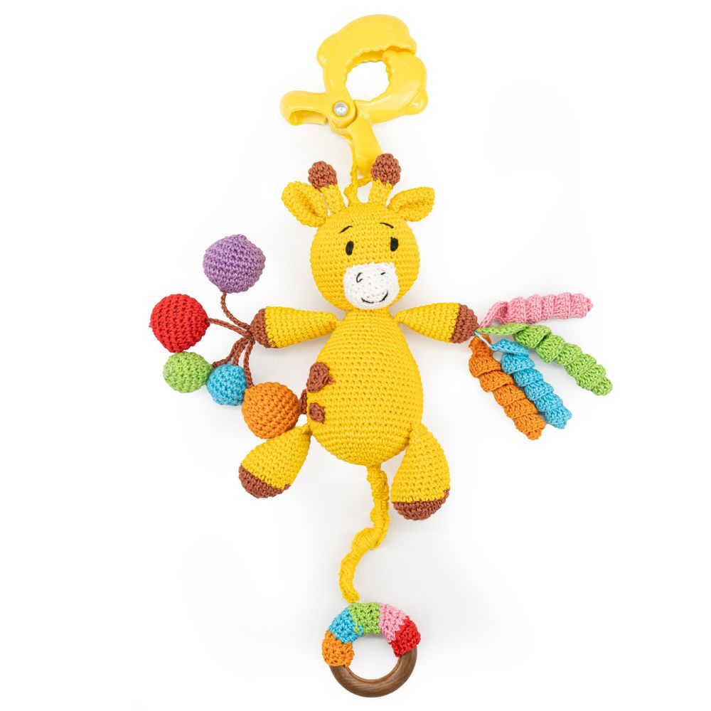 Moon - Handcrafted Crochet Rattle Toy With Teething Ring & Clip Hanger - Giraffe