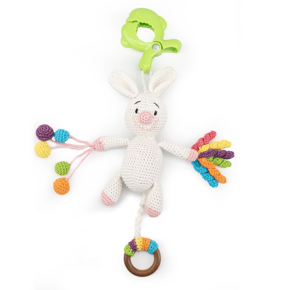 Moon - Handcrafted Crochet Rattle Toy With Teething Ring & Clip Hanger - Bunny