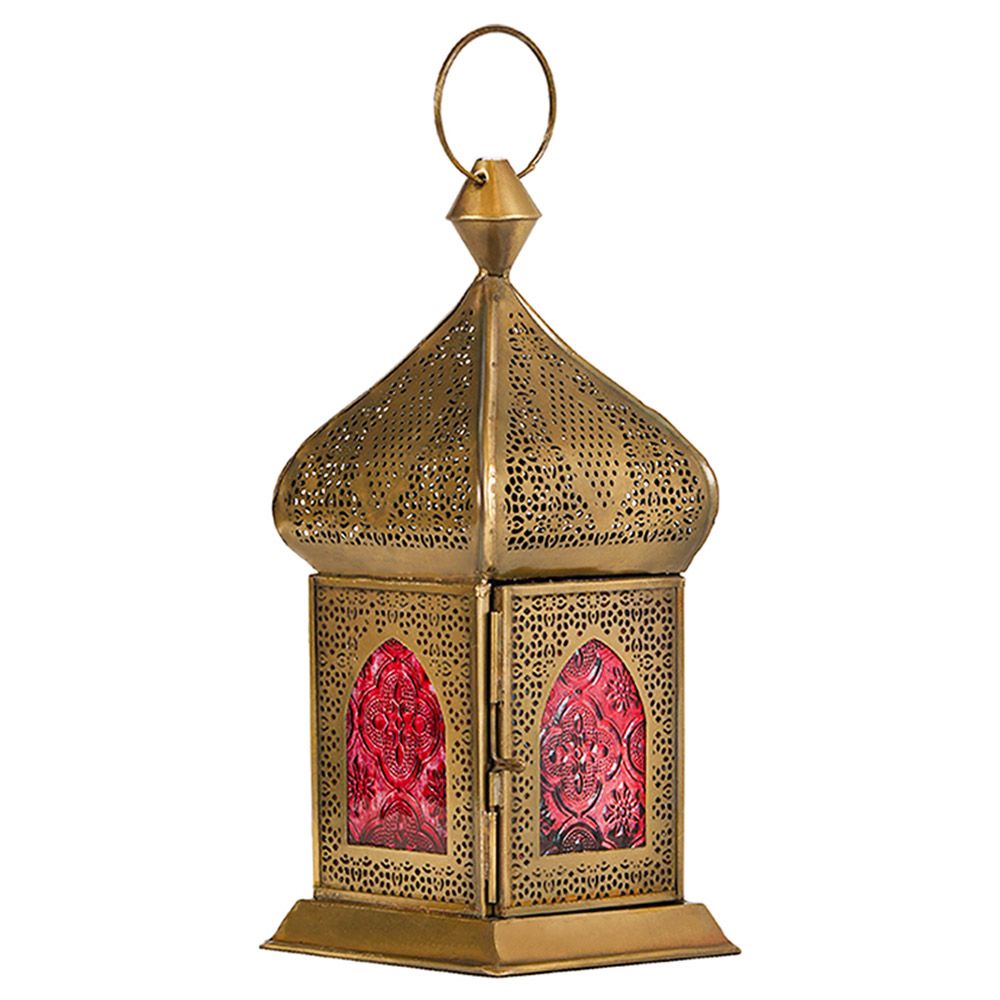 HilalFul - Damascene Brass Antique Lantern - Red Glass