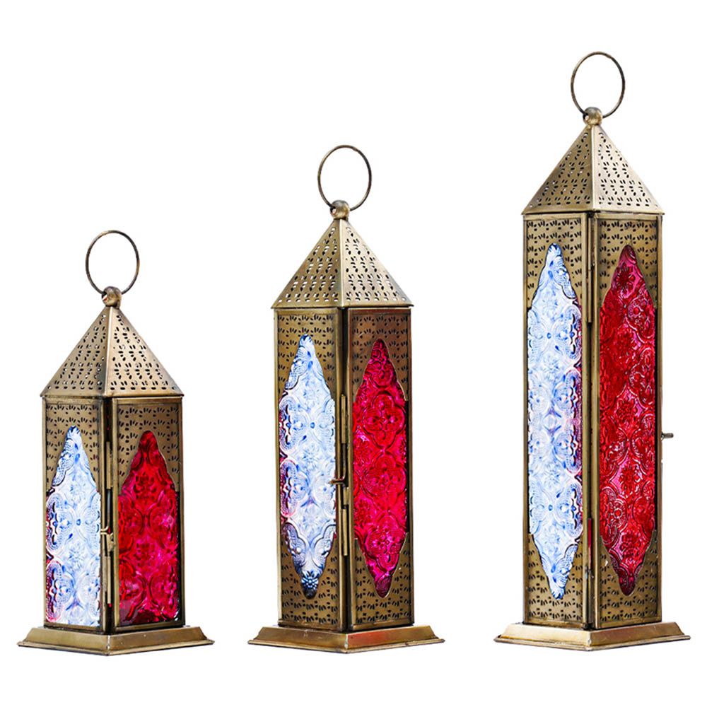HilalFul - Trio Brass Antique Lantern - Blue/Red Glass - 3pcs