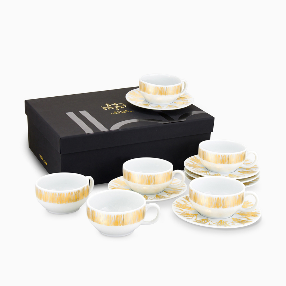 Silsal - Razan Alazzouni Tamrah Porcelain Tea Cups & Saucers Set Of 6