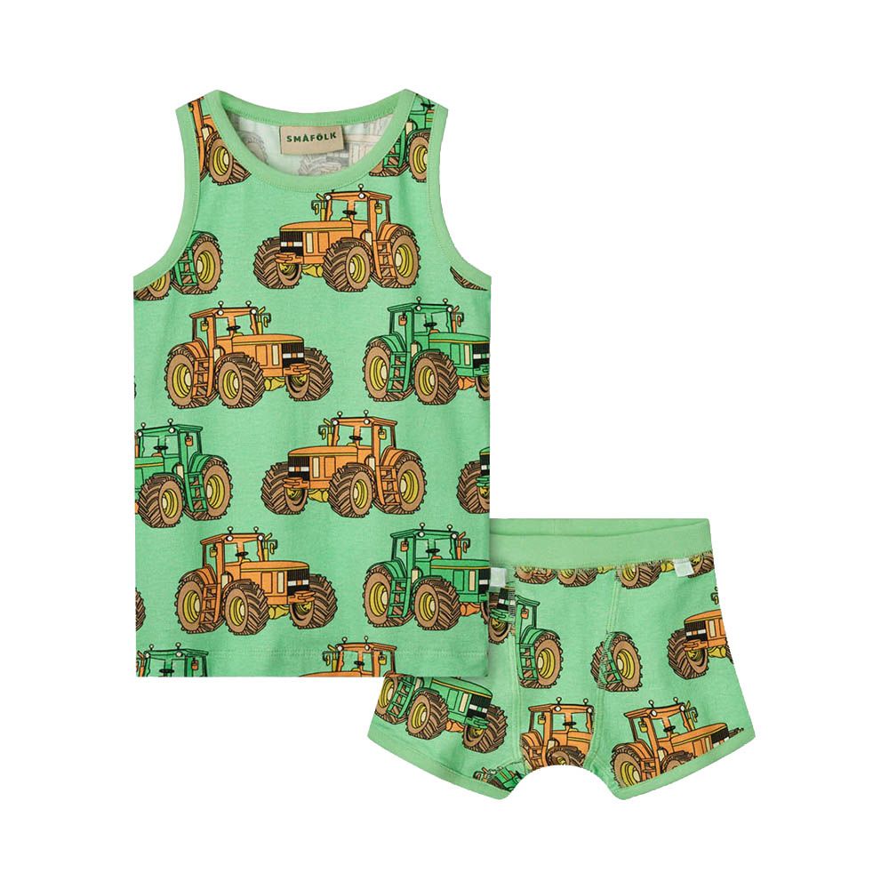 Smafolk - 2pc-Set - Tractors Print Sleeveless T-Shirt & Underwear - Green