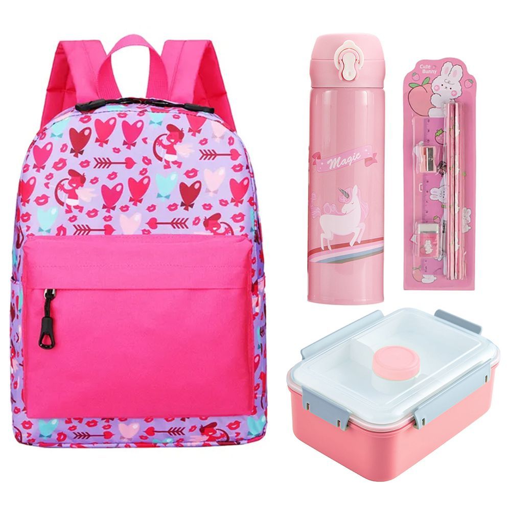 Star Babies - School Bag 14.17-inch With Stationery Set, Water Bottle and Lunch Box - Pink