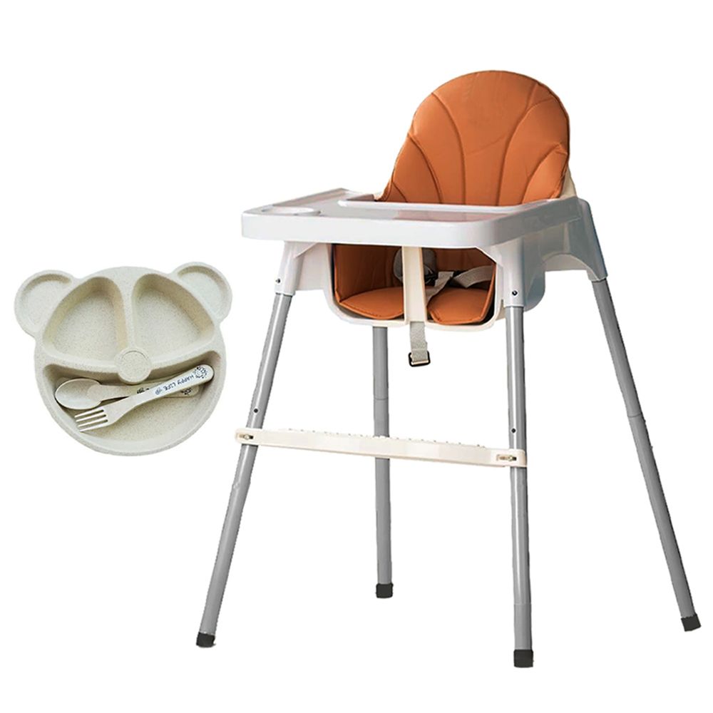 Star Babies - 2-In-1 Baby High Chair With Plate, Spoon & Fork - White/Khaki