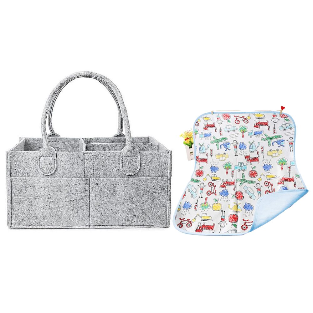 Star Babies - Reusable Changing Mat & Diaper Caddy Organizer Set - Grey/Blue - 2 Pcs