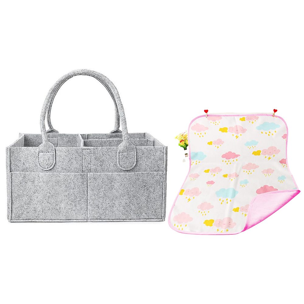 Star Babies - Reusable Printed Changing Mat & Diaper Caddy Organizer Set - Grey/Pink - 2 Pcs