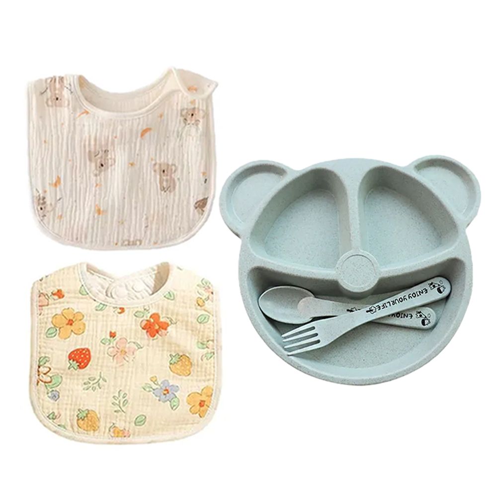Star Babies - Baby Feeding Plate With Spoon, Fork And Cotton Bib Set - Blue - 5 Pcs