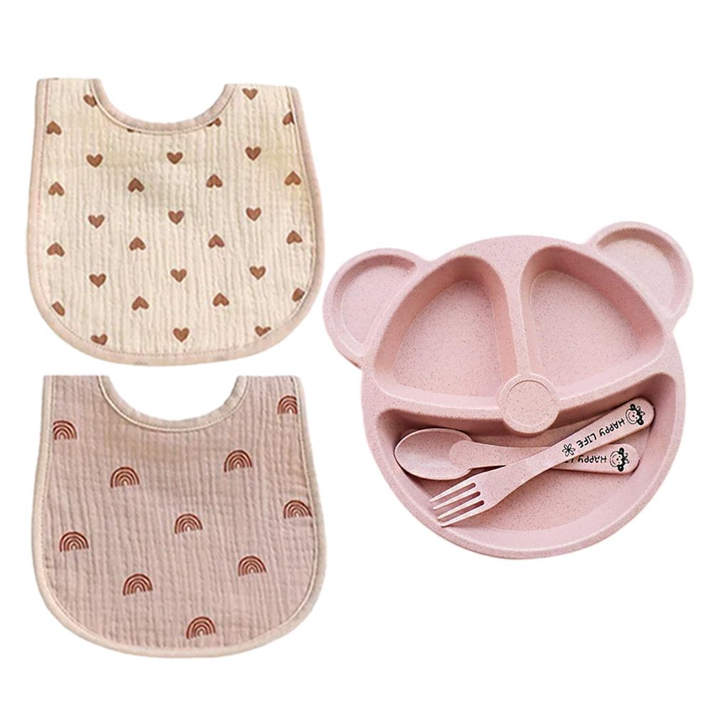 Star Babies - Baby Feeding Plate With Spoon, Fork And Cotton Bib Set - Pink - 5 Pcs