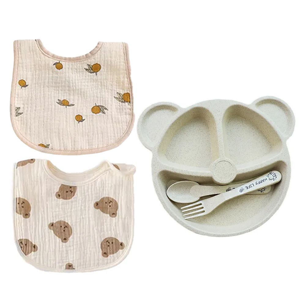Star Babies - Baby Feeding Plate With Spoon, Fork And Cotton Bib Set - Cream - 5 Pcs