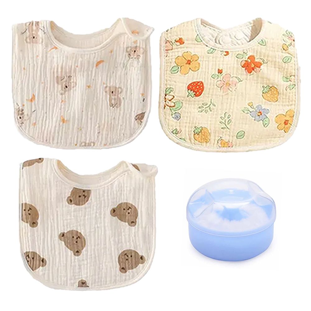 Star Babies - Cotton Bib And Powder Puff Set - Blue - 4 Pcs