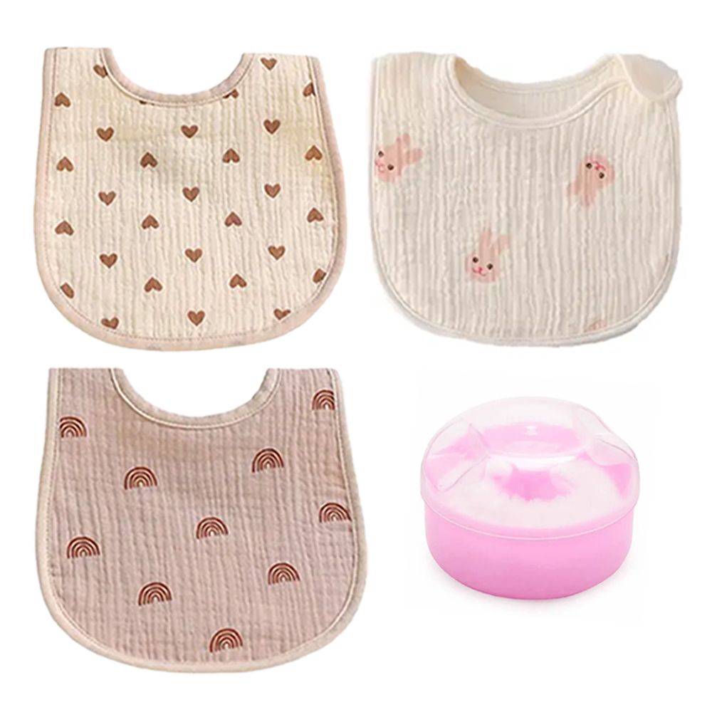 Star Babies - Cotton Bib And Powder Puff Set - Pink - 4 Pcs