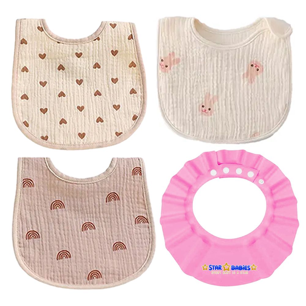 Star Babies - Cotton Bib And Shower Cap Set - Pink - 4 Pcs