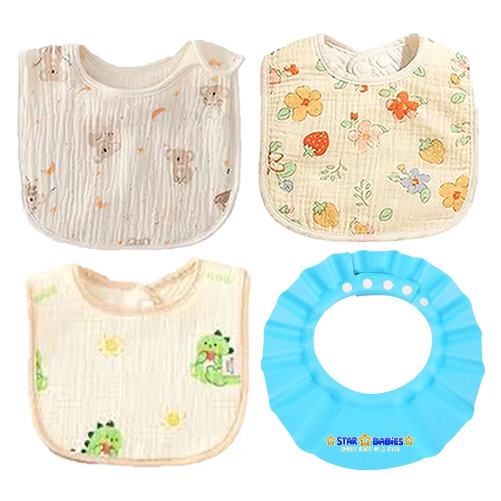 Star Babies - Cotton Bib And Shower Cap Set - Blue - 4 Pcs