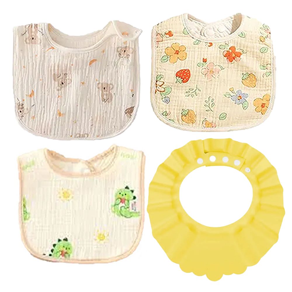 Star Babies - Cotton Bib And Shower Cap Set - Yellow - 4 Pcs