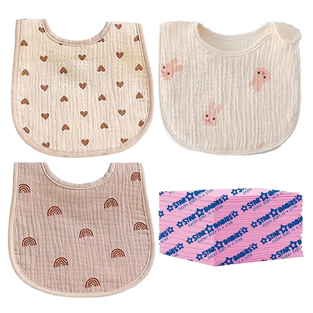 Star Babies - Cotton Bib And Disposable Changing Mat Set - Pink - 18 Pcs