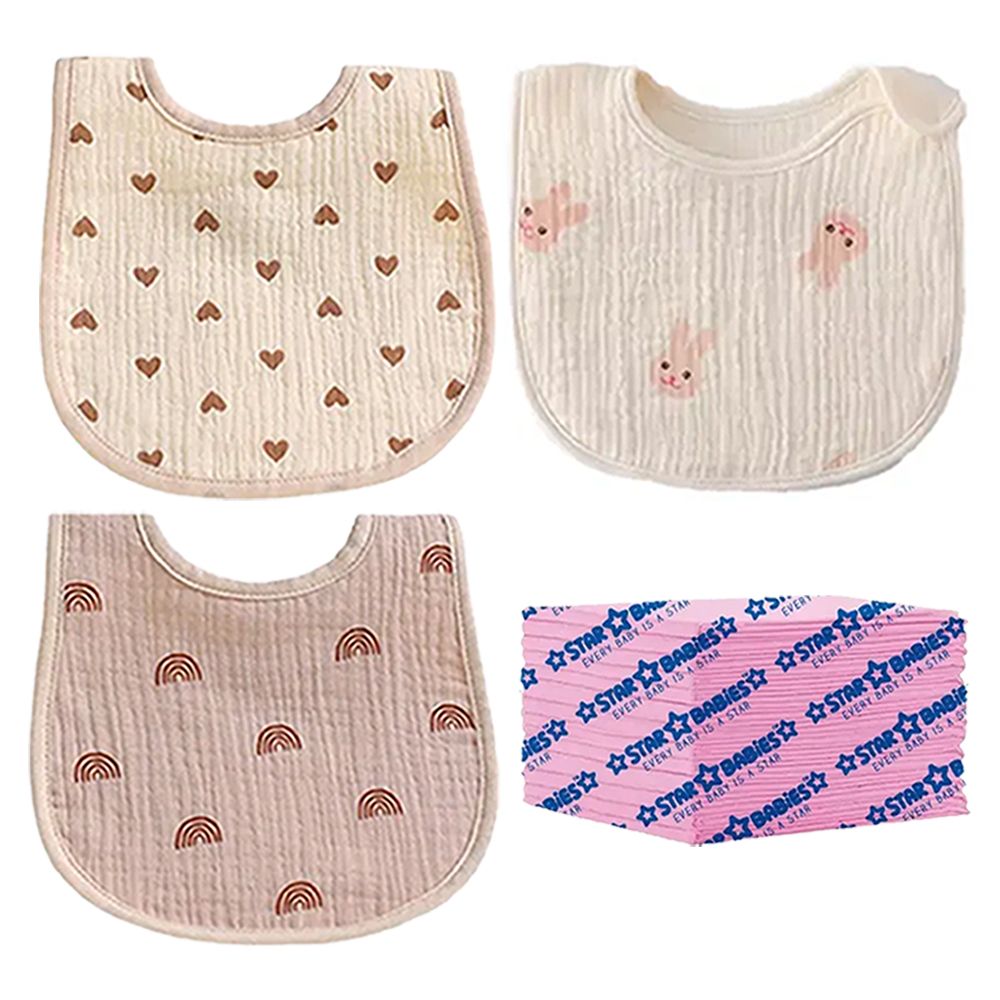Star Babies - Cotton Bib And Disposable Changing Mat Set - Pink - 33 Pcs