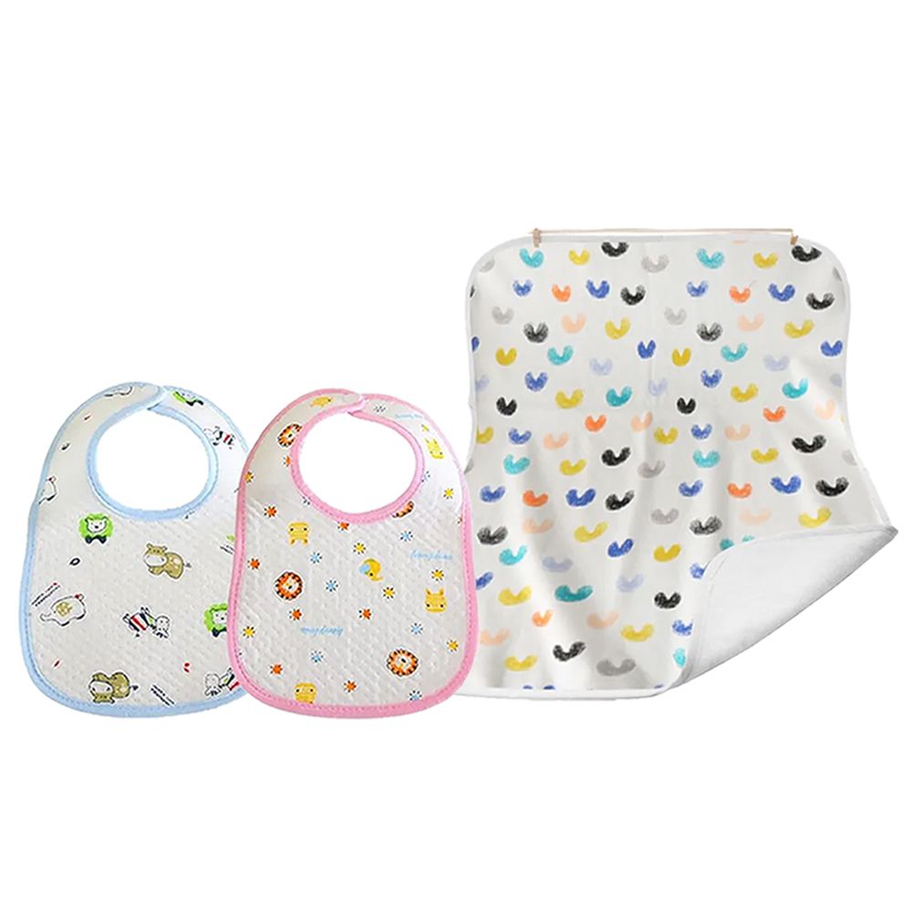 Star Babies - Cotton Bib And Reusable Changing Mat Set - White - 3 Pcs