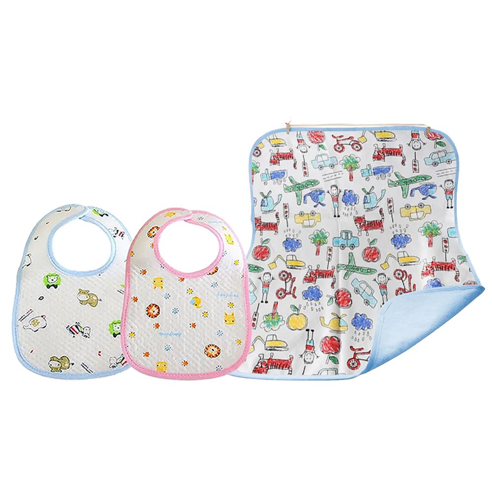 Star Babies - Cotton Bib And Reusable Changing Mat Set - Blue - 3 Pcs