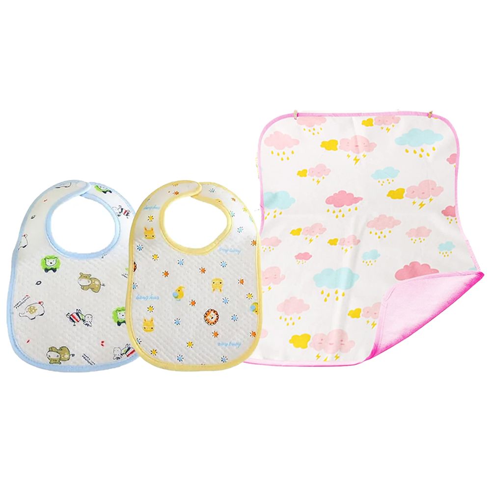 Star Babies - Cotton Bib And Reusable Changing Mat Set - Pink - 3 Pcs