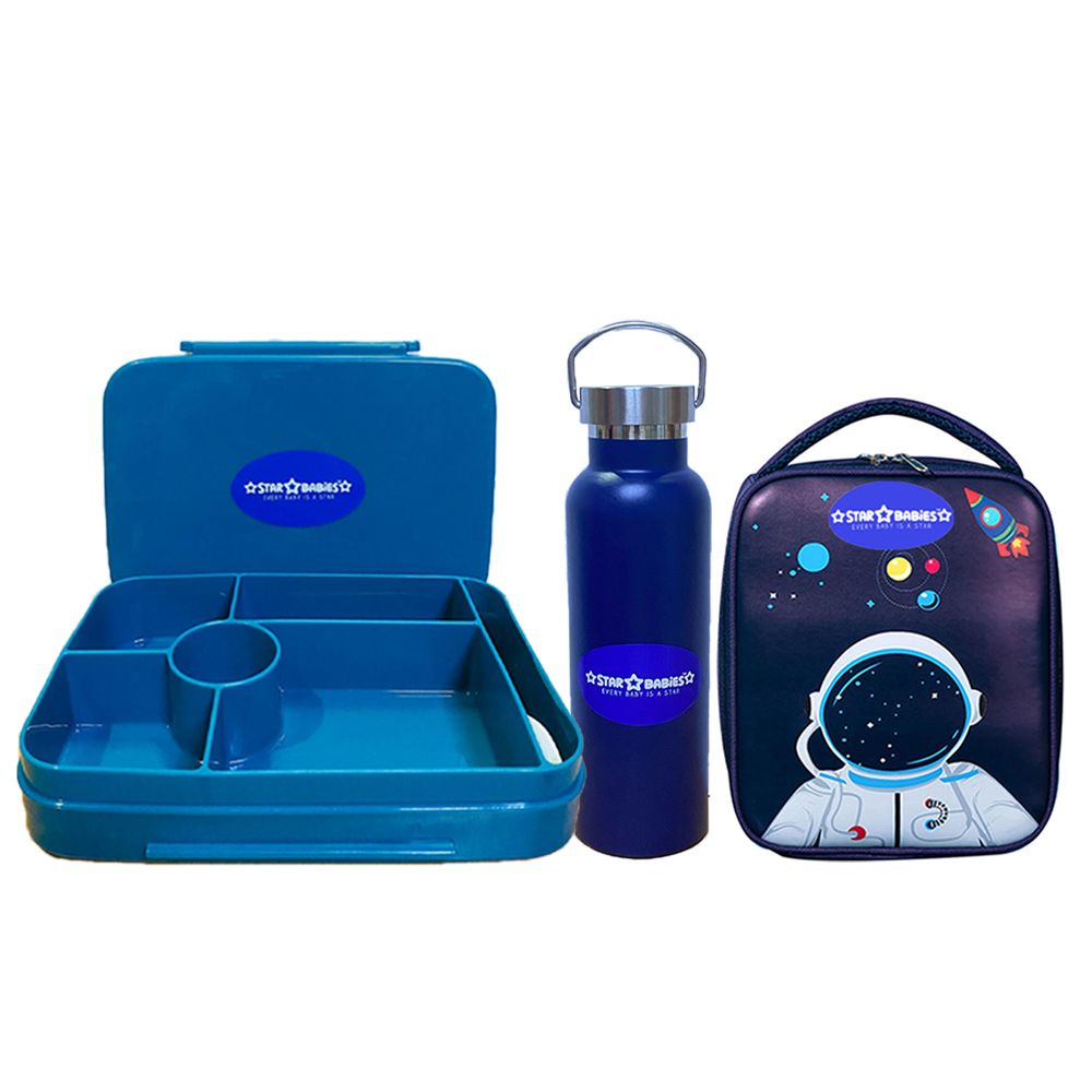 Star Babies - Lunch Box With 4 Compartments, Astronaut Lunch Bag, Stainless Steel Water Bottle - Dark Blue - 600ml