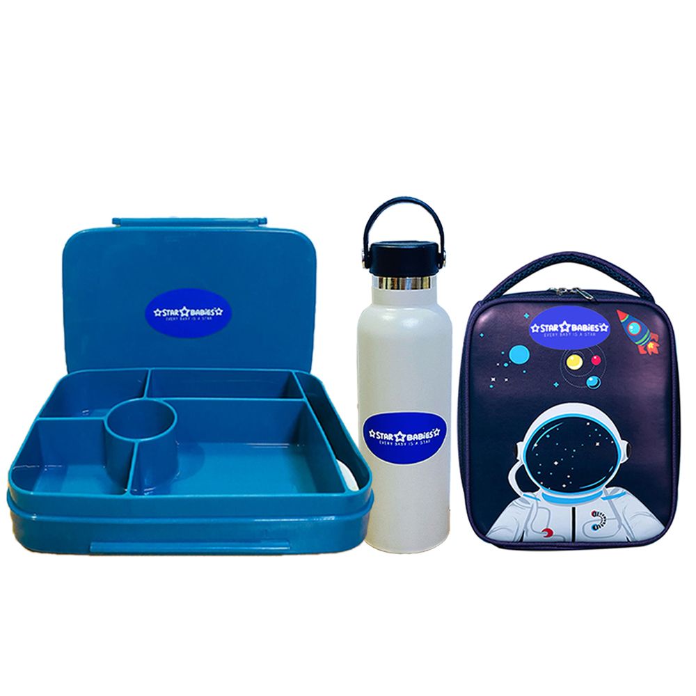Star Babies - Lunch Box With 4 Compartments, Lunch Bag, Stainless Steel Water Bottle - Blue/White - 600ml