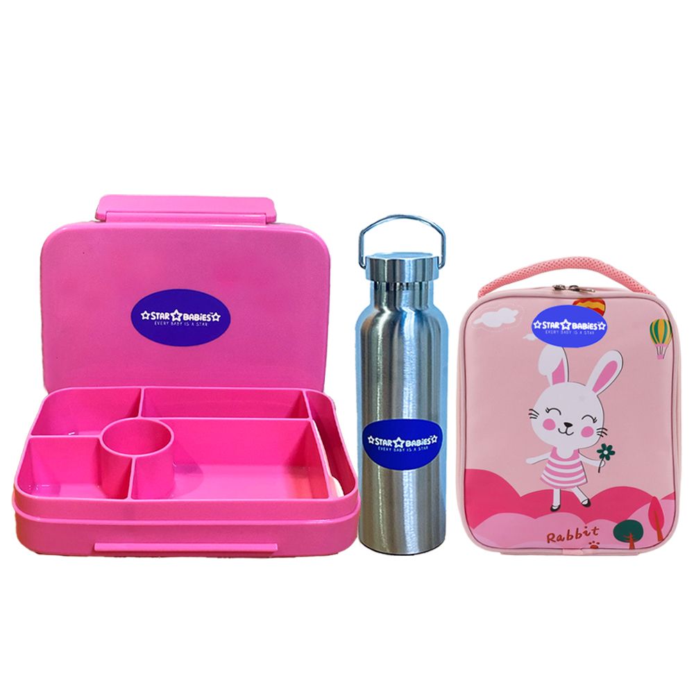 Star Babies - Lunch Box With 4 Compartments, Rabbit Lunch Bag, Stainless Steel Water Bottle - Pink - 600ml