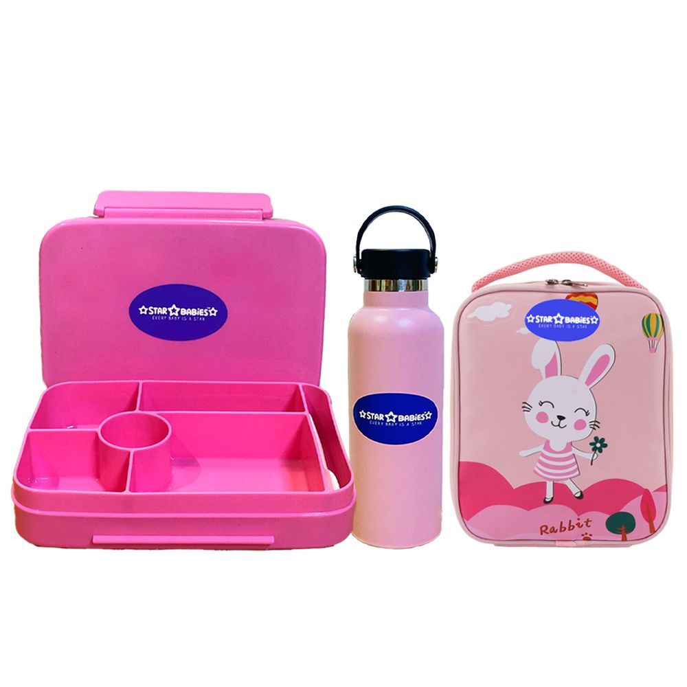 Star Babies - Lunch Box With 4 Compartments, Lunch Bag & Stainless Steel Water Bottle - Pink - 600ml