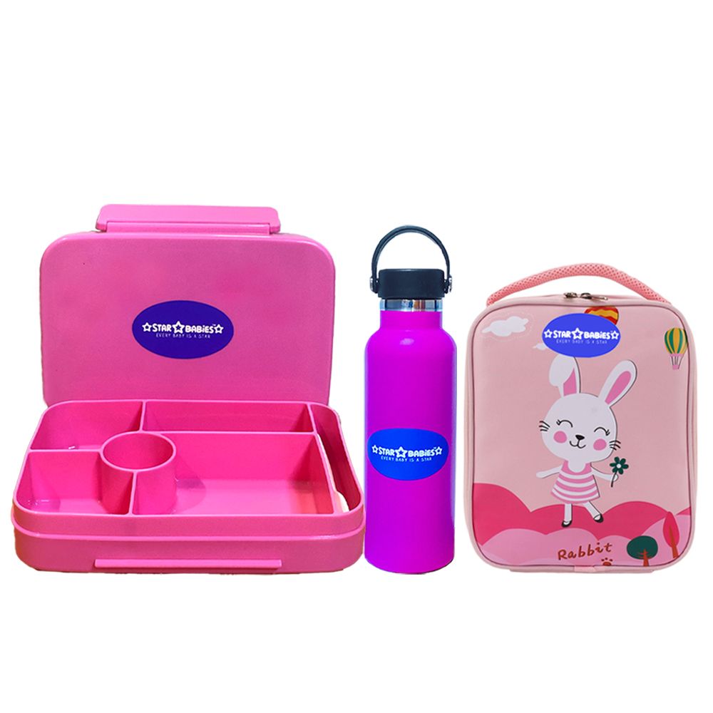 Star Babies - Lunch Box With 4 Compartments, Lunch Bag, Stainless Steel Water Bottle - Pink - 600ml