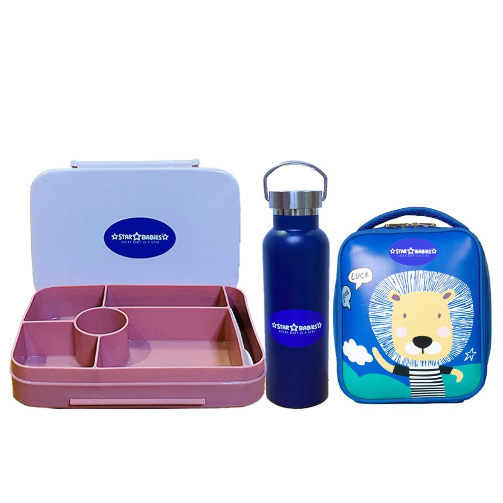 Star Babies - Back To School Set - Lunch Box W/ Lunch Bag Statainless Steel Water Bottle - 600ml - Blue