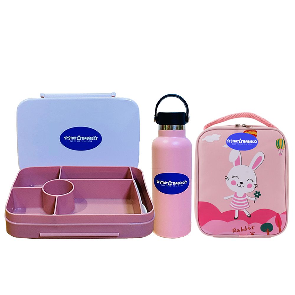 Star Babies - Lunch Box With 4 Compartments, Rabbit Lunch Bag & Stainless Steel Water Bottle - Pink - 600ml
