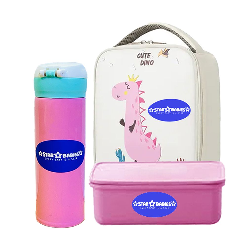 Star Babies - Lunch Box, Dino Lunch Bag, Stainless Steel Water Bottle - Pink/White - 600 ml