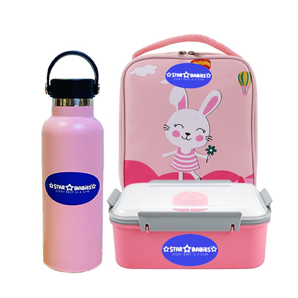 Star Babies - Lunch Box With 3 Compartments, Rabbit Lunch Bag, Stainless Steel Water Bottle - Pink - 600 ml