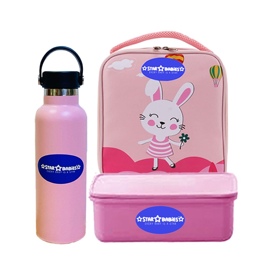 Star Babies - Lunch Box, Rabbit Lunch Bag & Stainless Steel Water Bottle - Pink - 600ml