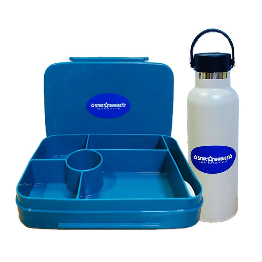 Star Babies - Lunch Box With 4 Compartments & Water Bottle - Blue/White - 600 ml