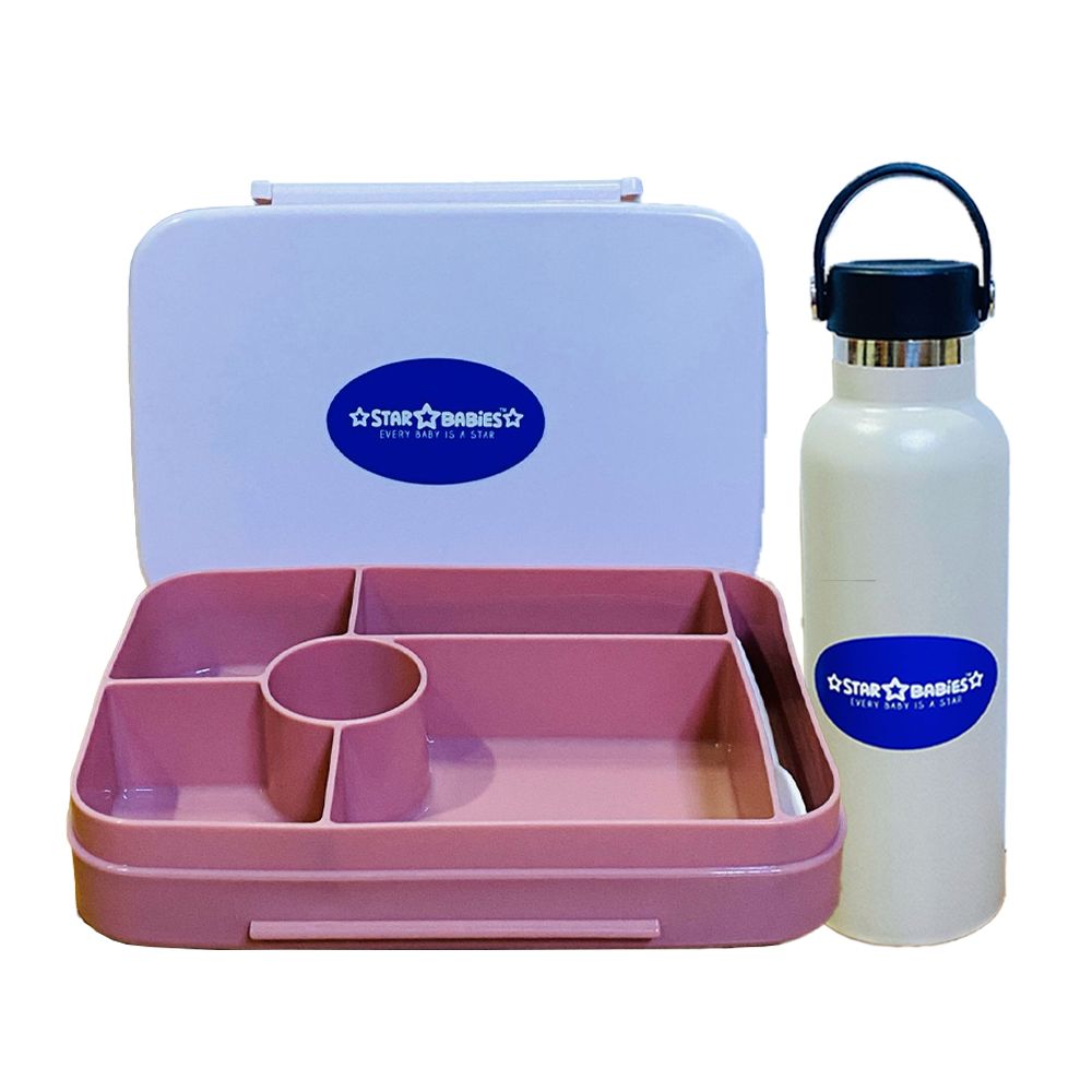 Star Babies - Lunch Box With 4 Compartments & Water Bottle - Pink/White - 600 ml