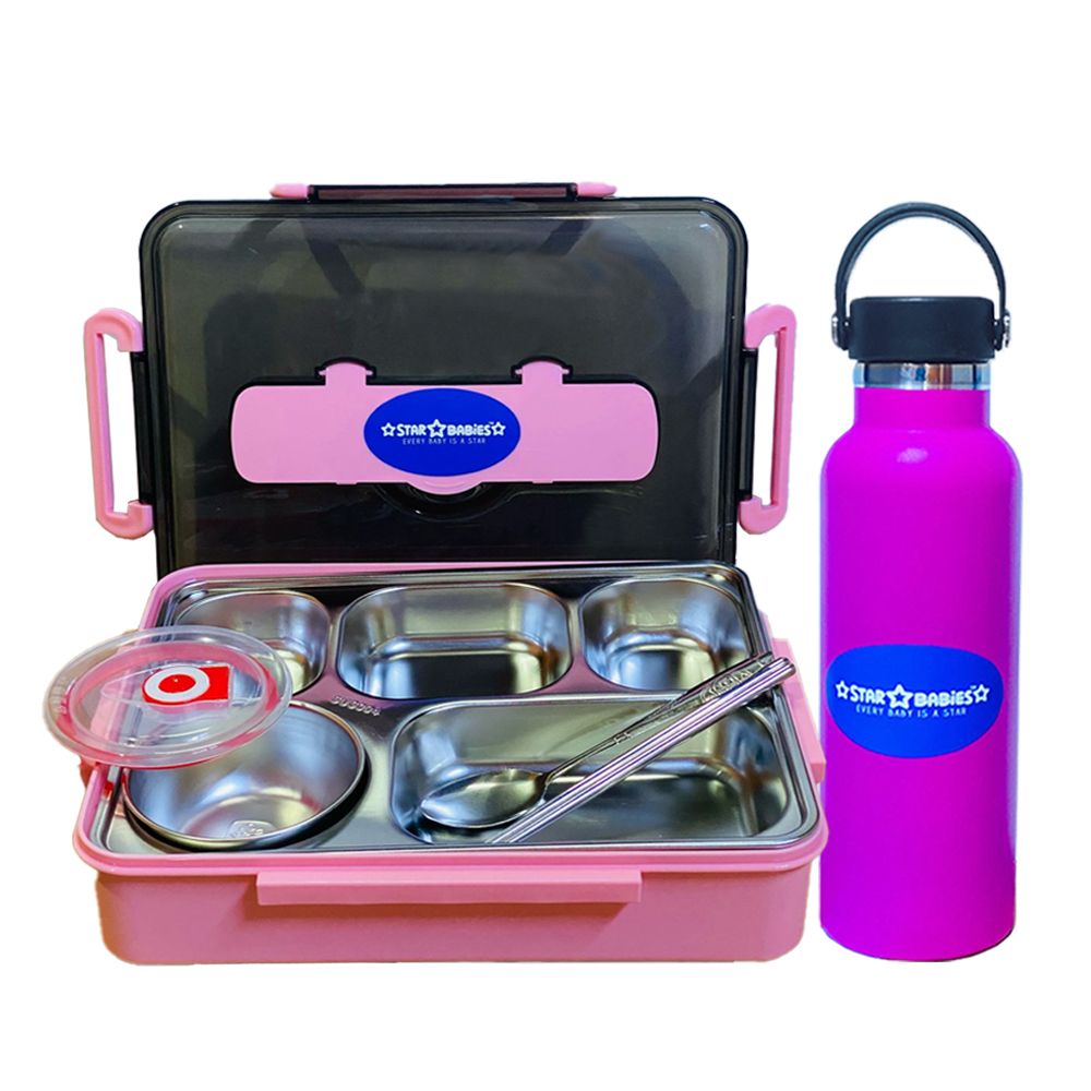 Star Babies - Lunch Box With 5 Compartments & Water Bottle - Pink - 600 ml