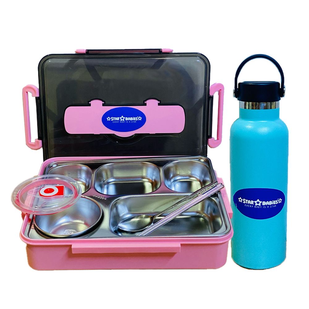Star Babies - Lunch Box With 5 Compartments & Water Bottle - Pink/Blue - 600 ml